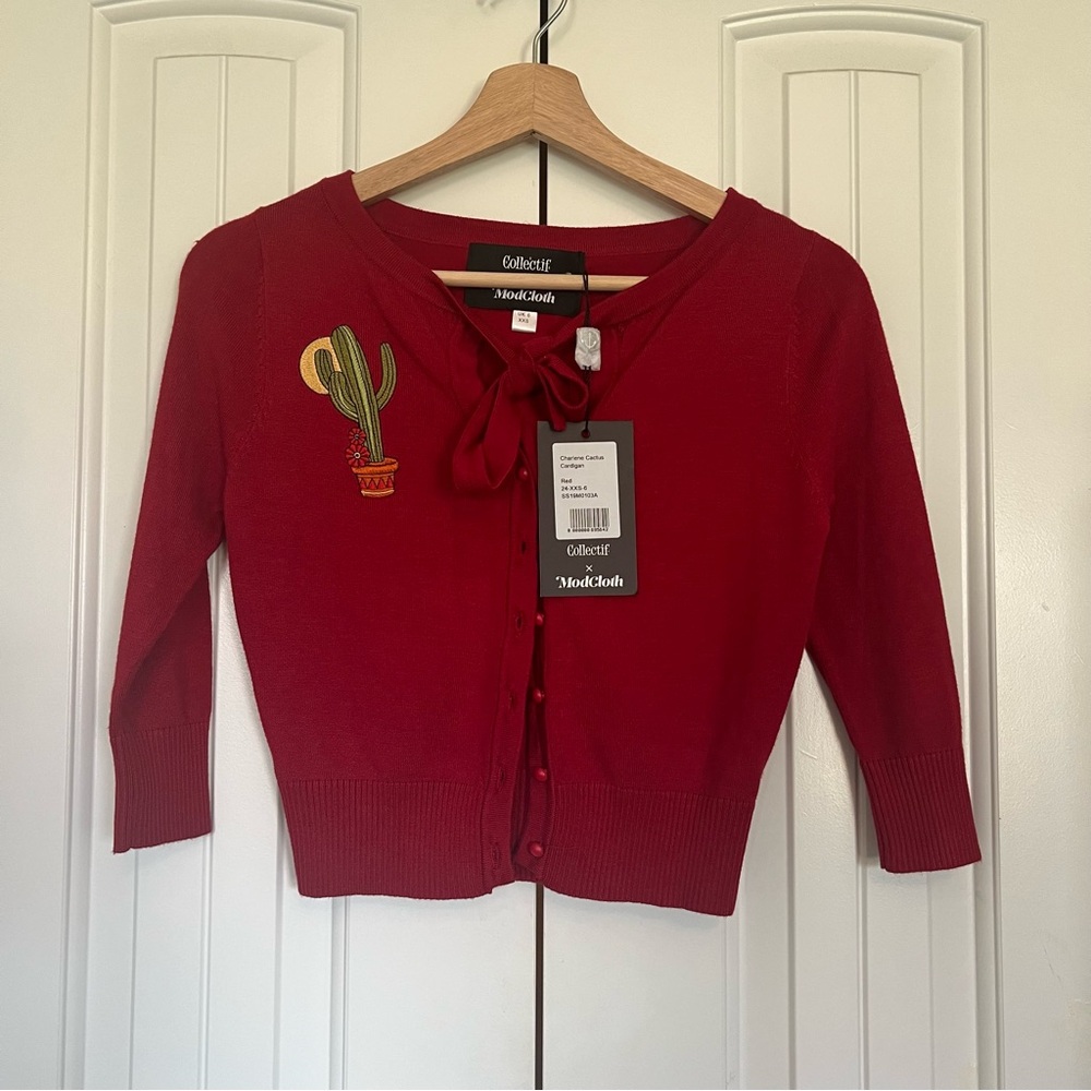 Modcloth X Collectif NWT Cactus Bow Cropped Cardigan Sweater embroidery bow XXS